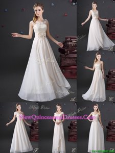 Dazzling White Sleeveless Lace and Appliques and Bowknot Floor Length Quinceanera Dama Dress