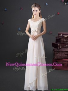 Fine White Dama Dress for Quinceanera for Prom and For withLace and Bowknot V-neck Cap Sleeves Zipper