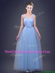 Designer Light Blue Empire Appliques and Ruching and Bowknot Damas Dress Lace Up Tulle Sleeveless Floor Length