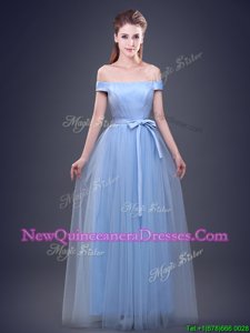 Fabulous Off the Shoulder Sleeveless Floor Length Ruching and Bowknot Lace Up Quinceanera Court of Honor Dress with Light Blue