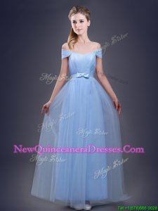 Deluxe Light Blue Off The Shoulder Neckline Ruching and Bowknot Quinceanera Court of Honor Dress Sleeveless Lace Up