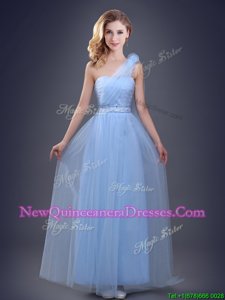 One Shoulder Light Blue Empire Beading and Ruching and Hand Made Flower Quinceanera Court of Honor Dress Lace Up Tulle Sleeveless Floor Length