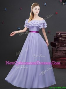 Fabulous Off the Shoulder Lavender Chiffon Zipper Dama Dress for Quinceanera Short Sleeves Floor Length Ruffled Layers and Belt