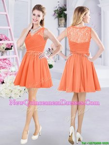 Sexy Orange Chiffon Side Zipper Quinceanera Court of Honor Dress Sleeveless Mini Length Lace and Ruching