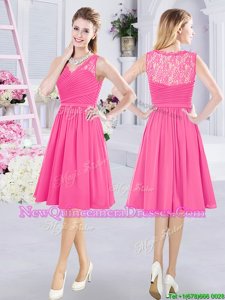 Suitable Hot Pink Sleeveless Knee Length Lace and Ruching Side Zipper Quinceanera Dama Dress