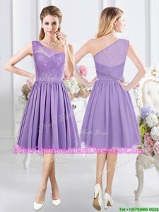 Stunning One Shoulder Lavender A-line Lace Quinceanera Court of Honor Dress Side Zipper Chiffon Sleeveless Knee Length