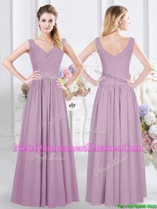 Decent Floor Length Empire Sleeveless Lavender Quinceanera Court of Honor Dress Zipper