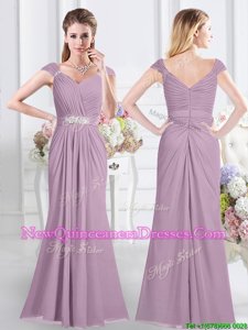 Dynamic Cap Sleeves Floor Length Zipper Damas Dress Lavender and In for for Prom withBeading and Ruching