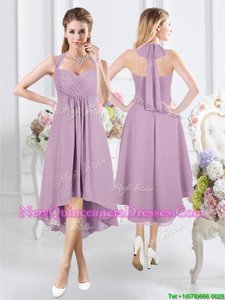 Smart Halter Top Sleeveless Knee Length Ruching Zipper Quinceanera Court of Honor Dress with Lavender