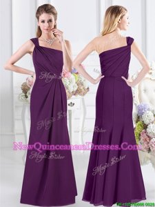 Glamorous One Shoulder Floor Length Purple Damas Dress Chiffon Sleeveless Spring and Summer and Winter Ruching