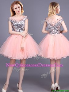 Top Selling Tulle Off The Shoulder Short Sleeves Zipper Sequins Quinceanera Court Dresses inPink