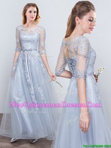 Edgy Scoop Short Sleeves Floor Length Grey Quinceanera Dama Dress Tulle Half Sleeves Spring and Summer and Fall and Winter Appliques and Belt