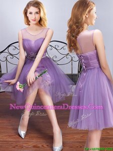 Dynamic Scoop Mini Length Lavender Quinceanera Court Dresses Tulle Sleeveless Spring and Summer and Fall Beading and Ruching and Belt