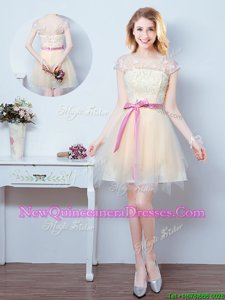 Custom Design Champagne Scoop Neckline Lace and Appliques and Ruffles and Bowknot Dama Dress Short Sleeves Lace Up