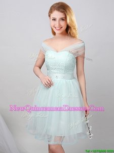 Pretty Apple Green Tulle Lace Up Off The Shoulder Short Sleeves Mini Length Quinceanera Court Dresses Lace and Appliques and Belt