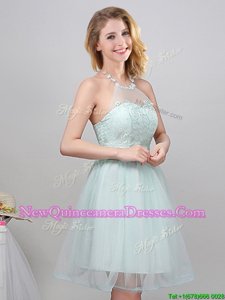 Extravagant Halter Top Mini Length Apple Green Dama Dress Tulle Sleeveless Spring and Summer Lace and Appliques and Belt