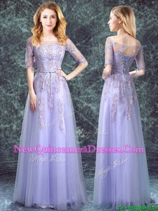 Simple Square Lavender Tulle Lace Up Quinceanera Dama Dress Half Sleeves Floor Length Appliques