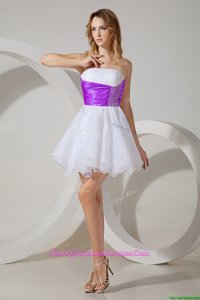 Exquisite White And Purple A-line Strapless Sleeveless Organza Mini Length Zipper Beading Vestidos de Damas