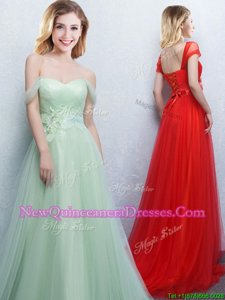 Vintage Off The Shoulder Sleeveless Damas Dress With Brush Train Appliques and Ruching Apple Green Tulle