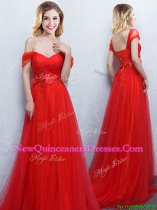 Artistic Off the Shoulder Red Empire Appliques and Ruching Quinceanera Court Dresses Lace Up Tulle Sleeveless With Train