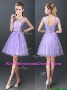 Extravagant Scoop Mini Length Lavender Vestidos de Damas Tulle Sleeveless Spring and Summer and Fall Lace