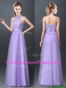 Great Halter Top Sleeveless Lace Up Dama Dress for Quinceanera Lavender Tulle