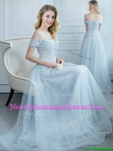 Customized Off the Shoulder Cap Sleeves Tulle Floor Length Lace Up Quinceanera Dama Dress inLight Blue withBeading and Appliques