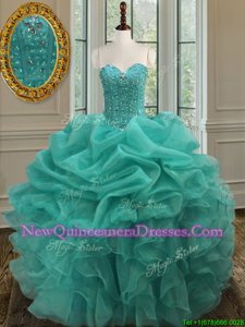 Excellent Sweetheart Sleeveless Organza Sweet 16 Dress Beading and Ruffles and Pick Ups Lace Up