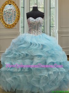 Artistic Light Blue Ball Gowns Beading and Ruffles and Sequins Quince Ball Gowns Lace Up Organza Sleeveless Floor Length