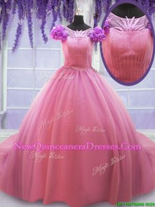 Vintage Scoop Cap Sleeves Sweet 16 Quinceanera Dress Court Train Beading and Hand Made Flower Rose Pink Tulle