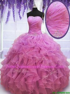 Charming Lilac Sleeveless Floor Length Beading and Ruffles Lace Up Vestidos de Quinceanera