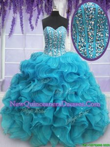 High Quality Teal Ball Gowns Sweetheart Sleeveless Organza Floor Length Lace Up Beading and Ruffles Vestidos de Quinceanera