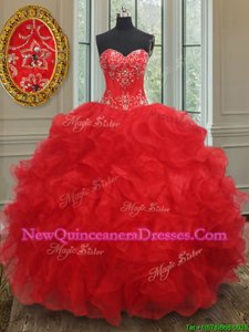 High Class Red Sweetheart Neckline Beading and Ruffles 15th Birthday Dress Sleeveless Lace Up