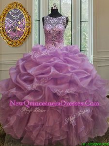 Scoop Beading and Ruffles Quince Ball Gowns Lilac Lace Up Sleeveless Floor Length