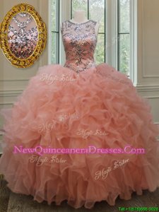 Fashionable Scoop Peach Ball Gowns Beading and Ruffles Sweet 16 Quinceanera Dress Lace Up Organza Sleeveless Floor Length