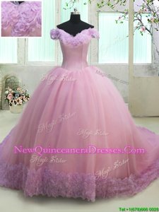 Captivating Off the Shoulder With Train Ball Gowns Cap Sleeves Lilac Sweet 16 Dresses Court Train Lace Up