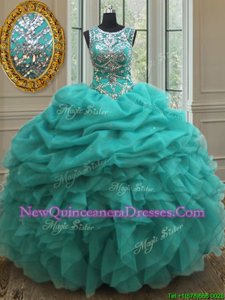 Scoop Pick Ups Floor Length Ball Gowns Sleeveless Turquoise Quinceanera Dresses Lace Up