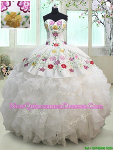 Fancy Organza and Taffeta Sweetheart Sleeveless Lace Up Embroidery and Ruffles Sweet 16 Dress in White