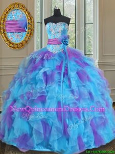 Floor Length Multi-color Quince Ball Gowns Organza and Tulle Sleeveless Spring and Summer and Fall and Winter Beading and Ruffles