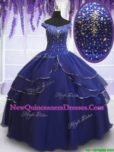 Traditional Royal Blue Lace Up Off The Shoulder Beading and Ruffled Layers and Sequins Quinceanera Dress Organza Sleeveless