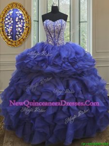 Unique Royal Blue Ball Gowns Beading and Ruffles Quinceanera Dress Lace Up Organza Sleeveless Floor Length