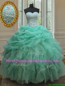 Fashion Sweetheart Sleeveless 15 Quinceanera Dress Floor Length Beading and Ruffles and Pick Ups Apple Green Organza