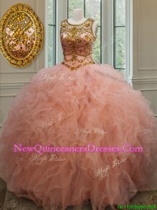Luxurious Peach Scoop Neckline Beading and Ruffles 15 Quinceanera Dress Sleeveless Lace Up