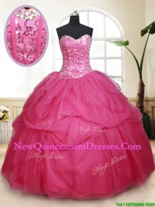 Cute Hot Pink Tulle Lace Up Vestidos de Quinceanera Sleeveless Floor Length Beading and Ruffles and Sequins