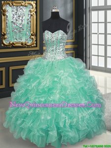 Delicate Floor Length Apple Green Sweet 16 Dresses Organza Sleeveless Spring and Summer and Fall and Winter Beading and Ruffles