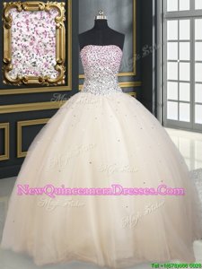 Modern Champagne Lace Up Strapless Beading 15 Quinceanera Dress Tulle Sleeveless