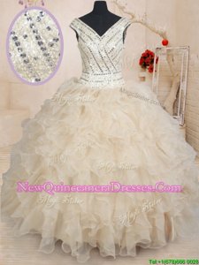 Vintage Cap Sleeves Beading and Ruffles and Sequins Zipper Quinceanera Gowns