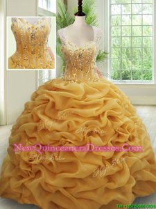 Dazzling Straps Straps Gold Sleeveless With Train Beading and Pick Ups Zipper Ball Gown Prom Dress