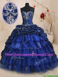 Nice Royal Blue Ball Gown Prom Dress Military Ball and Sweet 16 and Quinceanera and For withBeading and Ruffled Layers and Pick Ups Sweetheart Sleeveless Brush Train Lace Up