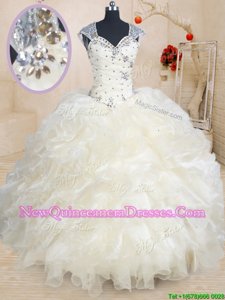 Stunning Champagne Zipper Straps Beading and Ruffles Quinceanera Gown Organza Cap Sleeves